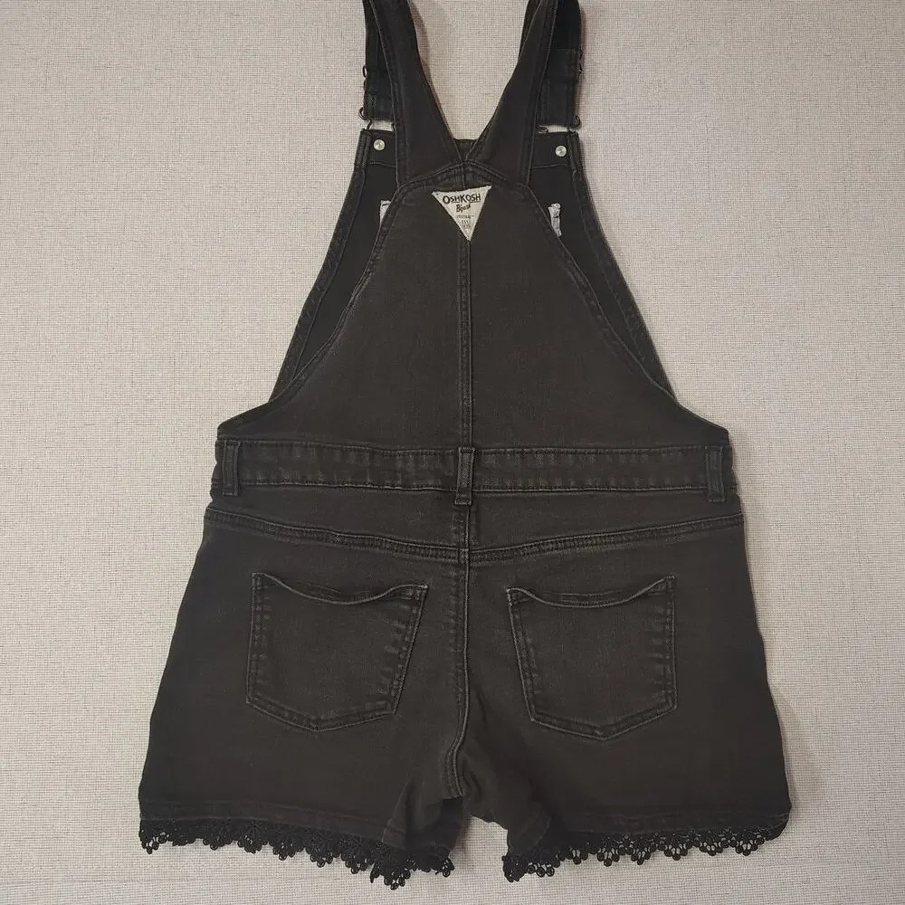 OshKosh B'gosh Girls 12 Black Denim Shortalls Overalls Lace Trim Y2K